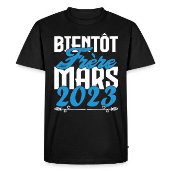 Cadeau Annonce grossesse. bientôt Frère Mars 2023. - T-shirt Premium bio Homme - noir - Devant - Nico (187cm)