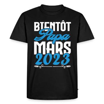 Cadeau Annonce grossesse. bientôt Papa Mars 2023. - T-shirt Premium bio Homme - noir - Devant - Nico (187cm)