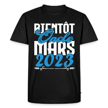 Cadeau Annonce grossesse. bientôt Oncle Mars 2023. - T-shirt Premium bio Homme - noir - Devant - Nico (187cm)
