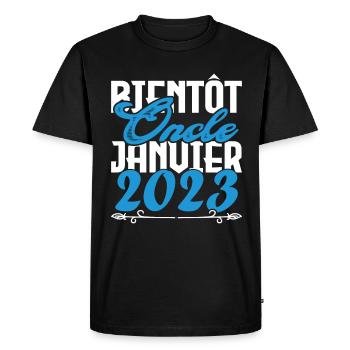 Annonce grossesse. bientôt Oncle Janvier 2023. - T-shirt Premium bio Homme - noir - Devant - Nico (187cm)