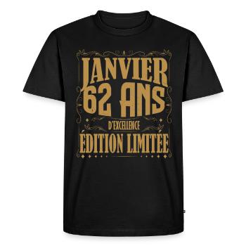 Janvier 62 ans. Cadeau 62 ans janvier anniversaire - T-shirt Premium bio Homme - noir - Devant - Nico (187cm)