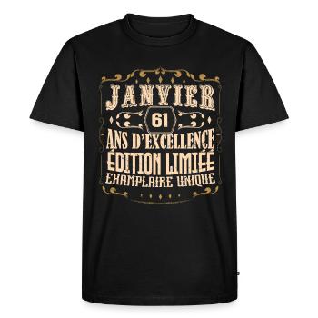 Vintage Janvier 61 ans. anniversaire janvier. - T-shirt Premium bio Homme - noir - Devant - Nico (187cm)