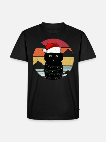 Weihnachtskatze mit Weihnachtslichtern - Männer Premium Bio T-Shirt - Schwarz