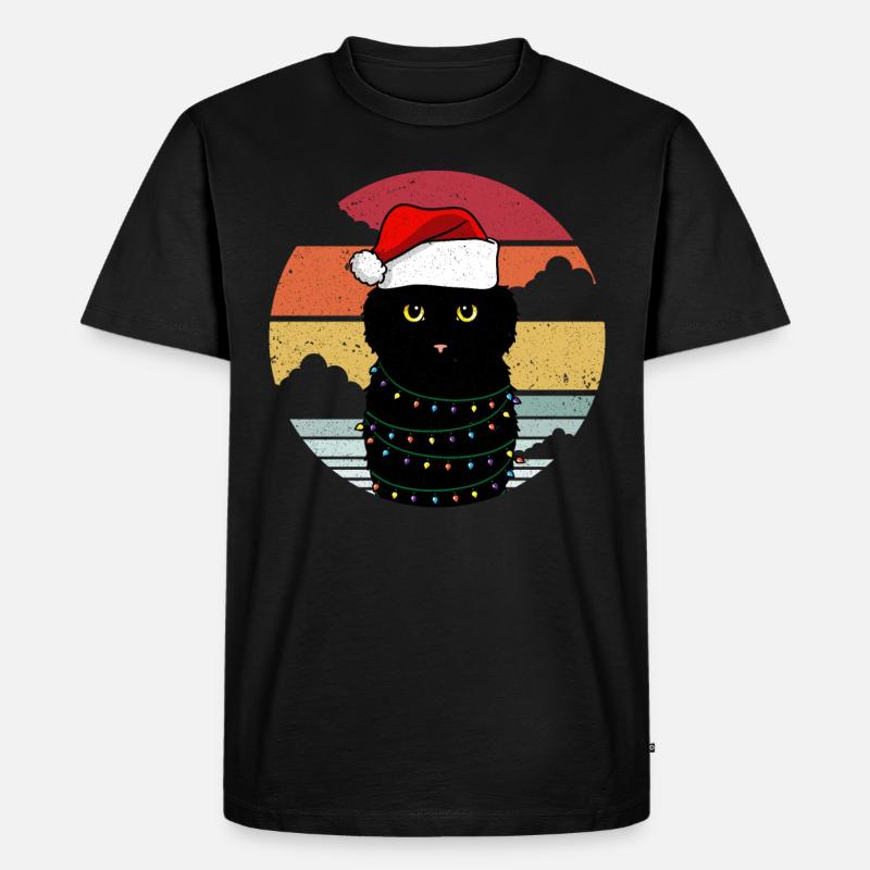 Weihnachtskatze mit Weihnachtslichtern - Männer Premium Bio T-Shirt - Schwarz