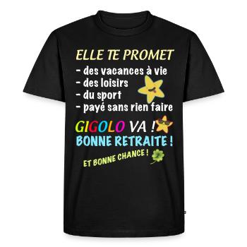 Homme Retraité Gigolo Entretenu Départ Collègue - T-shirt Premium bio Homme - noir - Devant - Nico (187cm)