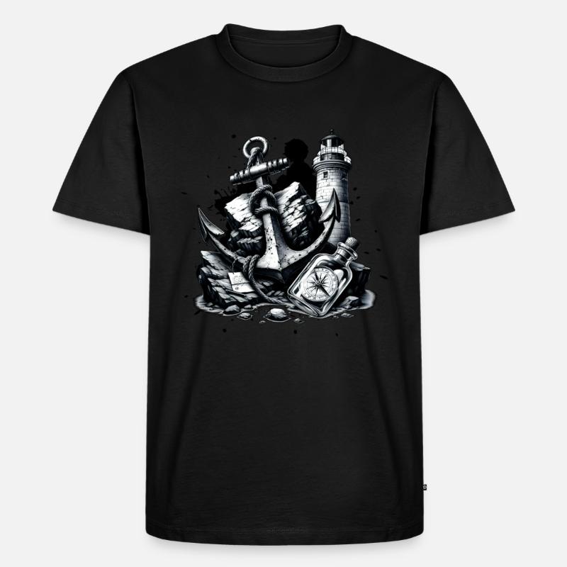 Anker Leuchtturm Kompass Flaschenpost - Männer Premium Bio T-Shirt - Schwarz