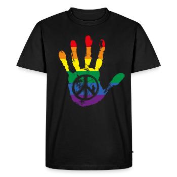 Arc-en-ciel Peace signe main LGBT - T-shirt Premium bio Homme - noir - Devant - Nico (187cm)