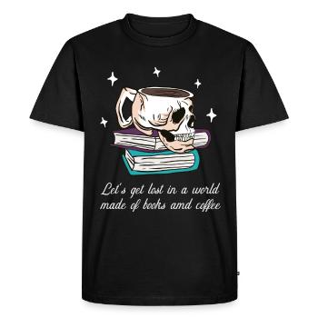 Immersion entre les pages du livre et le café - T-shirt Premium bio Homme - noir - Devant - Nico (187cm)