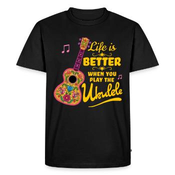 Colourful Ukulele Quote 'Life is Better' - Men's Premium Organic T-Shirt - black - Front - Nico (187cm)