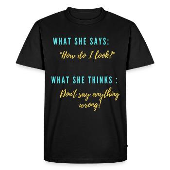 Elle: « À quoi est-ce que je ressemble? » - T-shirt Premium bio Homme - noir - Devant - Nico (187cm)