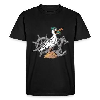 Mouette avec des rouleaux de poisson dans l’ancre buccale et le volant - T-shirt Premium bio Homme - noir - Devant - Nico (187cm)