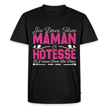 J'ai deux titres maman et Hôtesse. Cadeau Maman - T-shirt Premium bio Homme - noir - Devant - Nico (187cm)