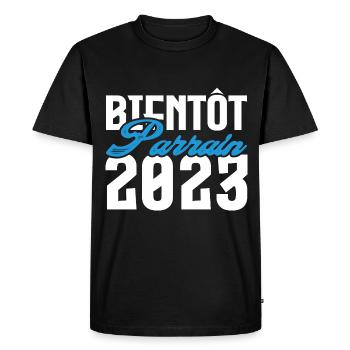 Cadeau Annonce grossesse bientôt Parrain 2023. - T-shirt Premium bio Homme - noir - Devant - Nico (187cm)