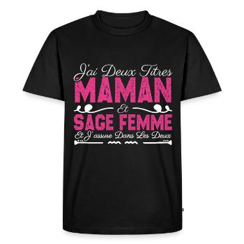 J'ai deux titres maman et Sage femme. Cadeau Maman - T-shirt Premium bio Homme - noir - Devant - Nico (187cm)