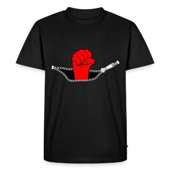 rote, erhobene Faust schaut aus Reißverschluss - Männer Premium Bio T-Shirt - Schwarz - Vorne - Nico (187cm)