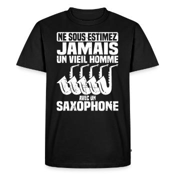 Un vieil homme avec un saxophone - T-shirt Premium bio Homme - noir - Devant - Nico (187cm)