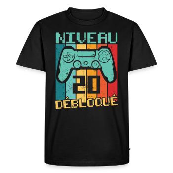 Niveau 20 débloqué Cadeau 20 ans Anniversaire - T-shirt Premium bio Homme - noir - Devant - Nico (187cm)