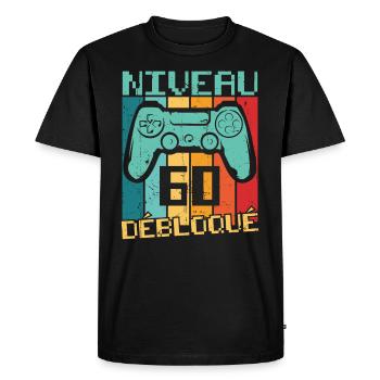Niveau 60 débloqué Cadeau 60 ans Anniversaire - T-shirt Premium bio Homme - noir - Devant - Nico (187cm)