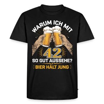 Pourquoi est-ce que j’ai l’air si bien à 42 ans ? La bière vous garde jeune - T-shirt Premium bio Homme - noir - Devant - Nico (187cm)