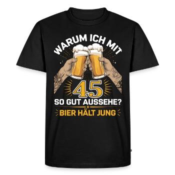 Pourquoi est-ce que j’ai l’air si bien à 45 ans ? La bière vous garde jeune - T-shirt Premium bio Homme - noir - Devant - Nico (187cm)