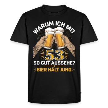 Pourquoi est-ce que j’ai l’air si bien à 53 ans ? La bière vous garde jeune - T-shirt Premium bio Homme - noir - Devant - Nico (187cm)