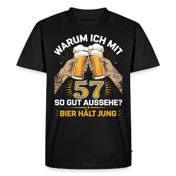 Pourquoi est-ce que j’ai l’air si bien à 57 ans ? La bière vous garde jeune - T-shirt Premium bio Homme - noir - Devant - Nico (187cm)