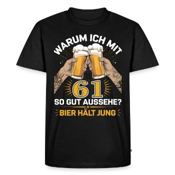 Pourquoi est-ce que j’ai l’air si bien à 61 ans ? La bière vous garde jeune - T-shirt Premium bio Homme - noir - Devant - Nico (187cm)