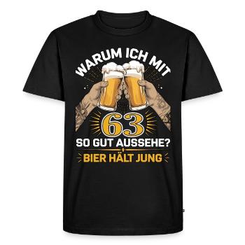 Pourquoi est-ce que j’ai l’air si bien à 63 ans ? La bière vous garde jeune - T-shirt Premium bio Homme - noir - Devant - Nico (187cm)