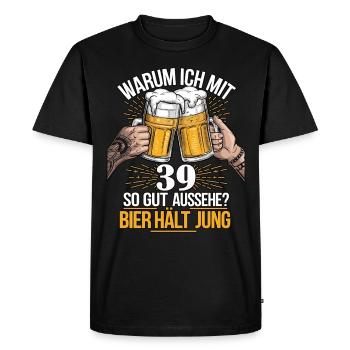 Pourquoi est-ce que j’ai l’air si bien à 39 ans ? La bière vous garde jeune - T-shirt Premium bio Homme - noir - Devant - Nico (187cm)