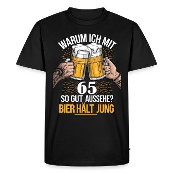 Pourquoi est-ce que j’ai l’air si bien à 65 ans ? La bière vous garde jeune - T-shirt Premium bio Homme - noir - Devant - Nico (187cm)