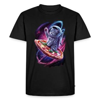 Chat de l’espace avec pizza - Motif unique - T-shirt Premium bio Homme - noir - Devant - Nico (187cm)