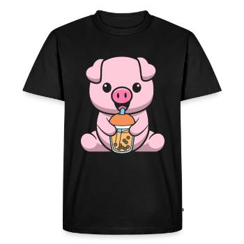 Bubble Milk Tea Pig Drinking Boba Milk Tea - Men's Premium Organic T-Shirt - black - Front - Nico (187cm)
