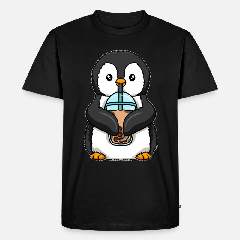 Pinguin trinkt Bubble Tea - Männer Premium Bio T-Shirt - Schwarz