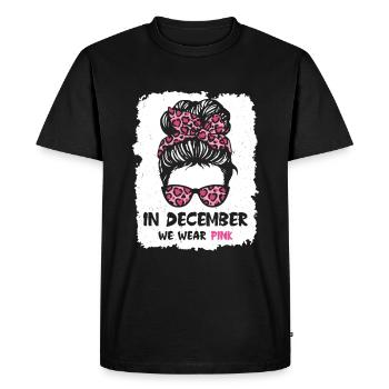 En décembre, nous portons un chignon rose en désordre cancer du sein - T-shirt Premium bio Homme - noir - Devant - Nico (187cm)