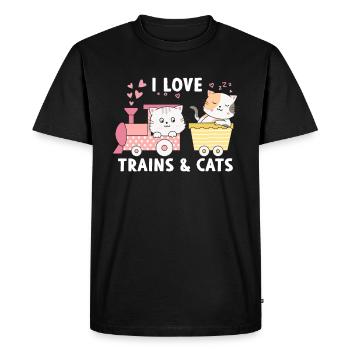 J’aime les trains et les chats - T-shirt Premium bio Homme - noir - Devant - Nico (187cm)