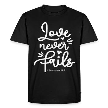 Love Never Fails 1 Corinthians 13:8 Bible Verse - Men's Premium Organic T-Shirt - black - Front - Nico (187cm)
