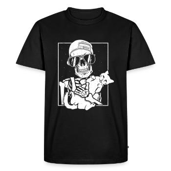 Squelette tenant un chat - T-shirt Premium bio Homme - noir - Devant - Nico (187cm)