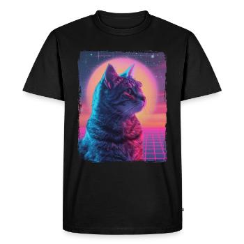 Funny Cute Retro Cat Animal 80s Neon Sun Fat Cat - Men's Premium Organic T-Shirt - black - Front - Nico (187cm)