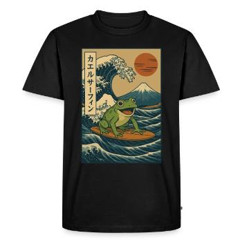 Grenouille Surfeuse Japonaise Vague Art Mont Fuji Soleil Rouge - T-shirt Premium bio Homme - noir - Devant - Nico (187cm)