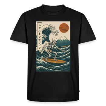 Skeleton Surf Vague Japonaise Mt Fuji Art Rétro - T-shirt Premium bio Homme - noir - Devant - Nico (187cm)