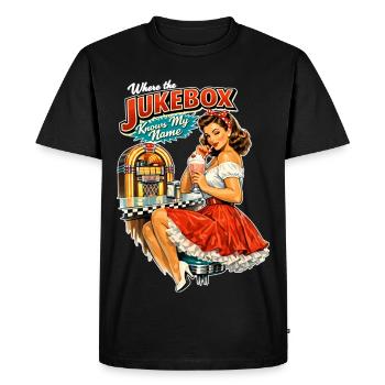 Pin-up des années 50 dans un diner : Là où le jukebox connaît mon nom - T-shirt Premium bio Homme - noir - Devant - Nico (187cm)
