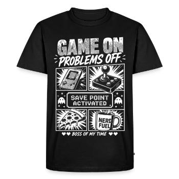 Game On Problems Off Retro Gaming - Men's Premium Organic T-Shirt - black - Front - Nico (187cm)