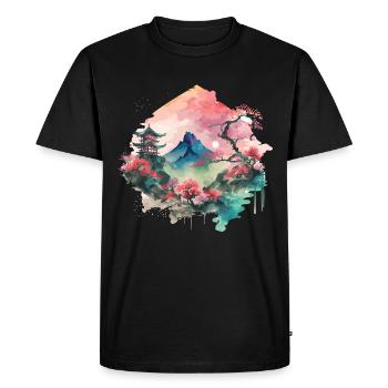 Paysage asiatique à l’aquarelle - T-shirt Premium bio Homme - noir - Devant - Nico (187cm)
