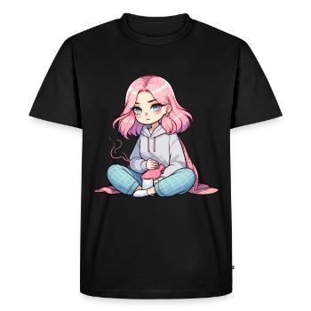 Cozy anime girl with pink hair and tea - Men's Premium Organic T-Shirt - black - Front - Nico (187cm)