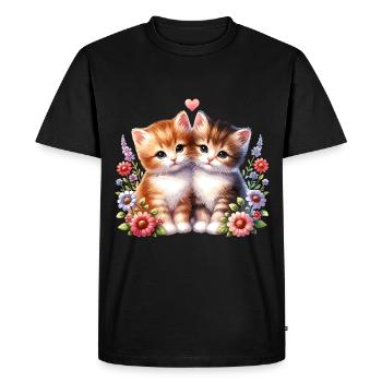 Cute cats with flowers and heart - Men's Premium Organic T-Shirt - black - Front - Nico (187cm)