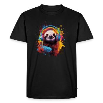 Paresseux en écoutant de la musique avec des écouteurs - T-shirt Premium bio Homme - noir - Devant - Nico (187cm)