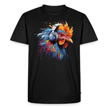 Coq écoutant de la musique avec des écouteurs - T-shirt Premium bio Homme - noir - Devant - Nico (187cm)