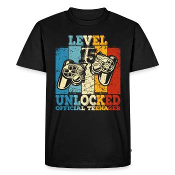 Anniversaire 15 Adolescent officiel Garçon Niveau 15 - T-shirt Premium bio Homme - noir - Devant - Nico (187cm)