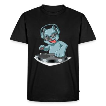 DJ chat avec écouteurs sur les vinyles - T-shirt Premium bio Homme - noir - Devant - Nico (187cm)