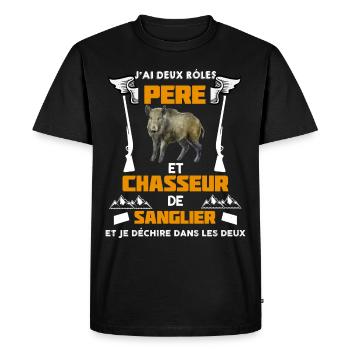 J'Ai Deux Rôles Père et Chasseur De Sanglier - T-shirt Premium bio Homme - noir - Devant - Nico (187cm)